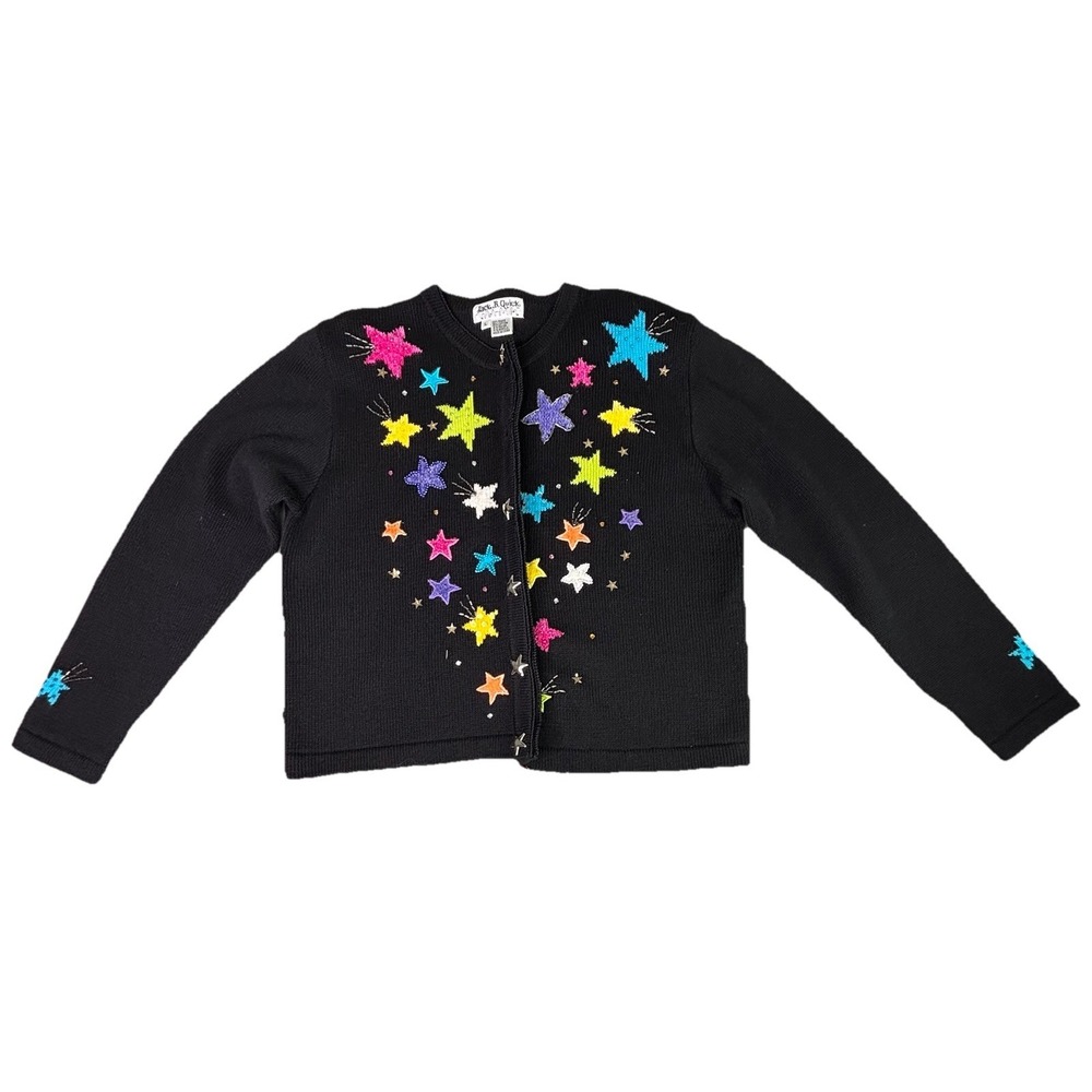 Jack B Quick Black Size Large Cardigan Sweater Embroidered Star Christmas W FLAW